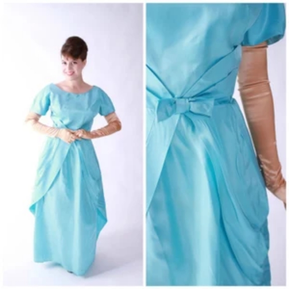 60s Vintage Cinderella Blue Full Length Formal Gown Short Sleeves - Picture 1 of 16